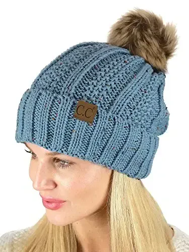 C.C Thick Cable Knit Faux Fuzzy Fur Pom Fleece Lined Skull Cap Cuff Beanie - 3