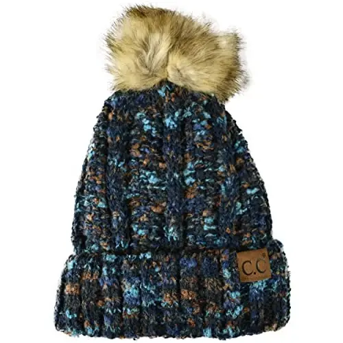 C.C Thick Cable Knit Faux Fuzzy Fur Pom Fleece Lined Skull Cap Cuff Beanie - C.C