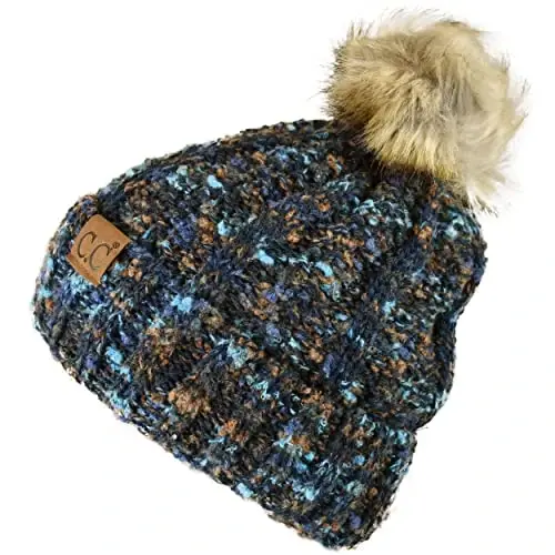 C.C Thick Cable Knit Faux Fuzzy Fur Pom Fleece Lined Skull Cap Cuff Beanie - 3