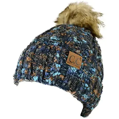 C.C Thick Cable Knit Faux Fuzzy Fur Pom Fleece Lined Skull Cap Cuff Beanie - 2