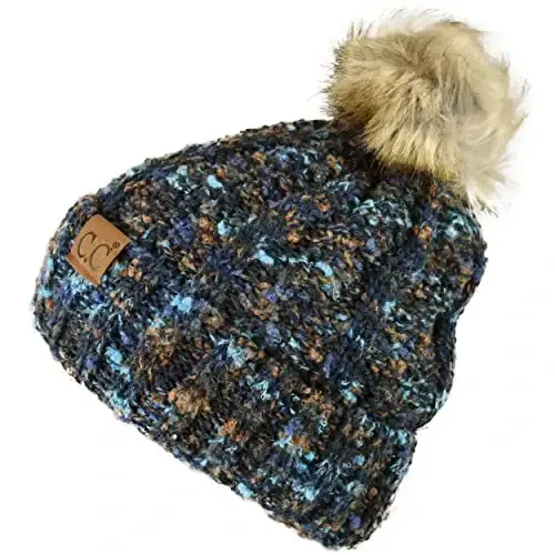C.C Thick Cable Knit Faux Fuzzy Fur Pom Fleece Lined Skull Cap Cuff Beanie - 3