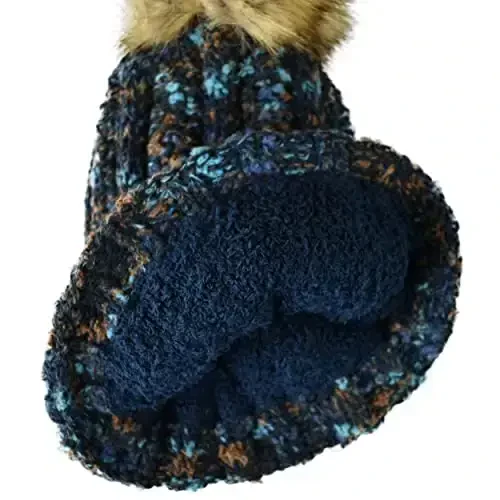 C.C Thick Cable Knit Faux Fuzzy Fur Pom Fleece Lined Skull Cap Cuff Beanie - 4