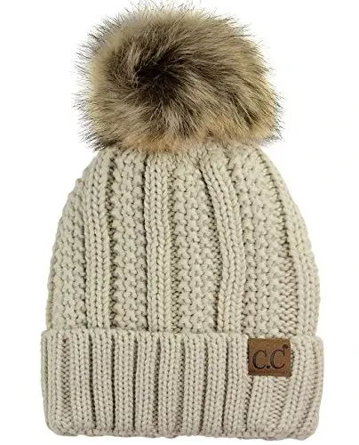 C.C Thick Cable Knit Faux Fuzzy Fur Pom Fleece Lined Skull Cap Cuff Beanie - MODAZONE