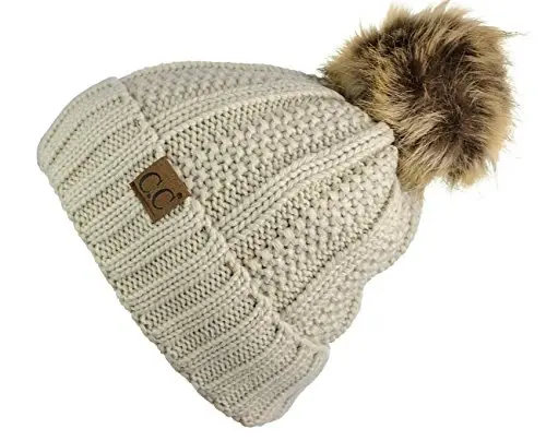 C.C Thick Cable Knit Faux Fuzzy Fur Pom Fleece Lined Skull Cap Cuff Beanie - 2