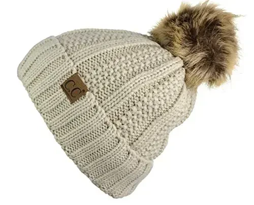 C.C Thick Cable Knit Faux Fuzzy Fur Pom Fleece Lined Skull Cap Cuff Beanie - 2