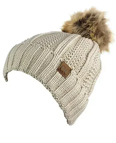 C.C Thick Cable Knit Faux Fuzzy Fur Pom Fleece Lined Skull Cap Cuff Beanie - 3