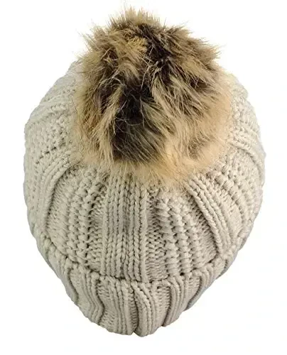 C.C Thick Cable Knit Faux Fuzzy Fur Pom Fleece Lined Skull Cap Cuff Beanie - 4