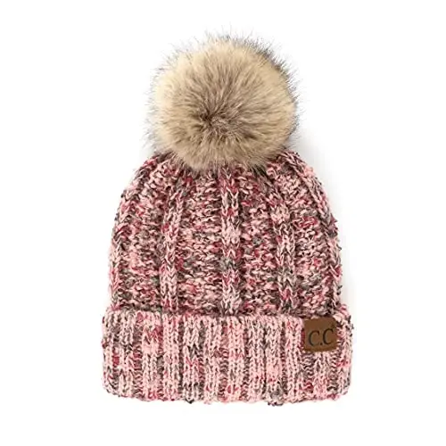 C.C Thick Cable Knit Faux Fuzzy Fur Pom Fleece Lined Skull Cap Cuff Beanie - C.C