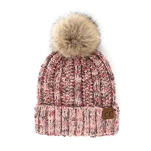 C.C Thick Cable Knit Faux Fuzzy Fur Pom Fleece Lined Skull Cap Cuff Beanie - 1
