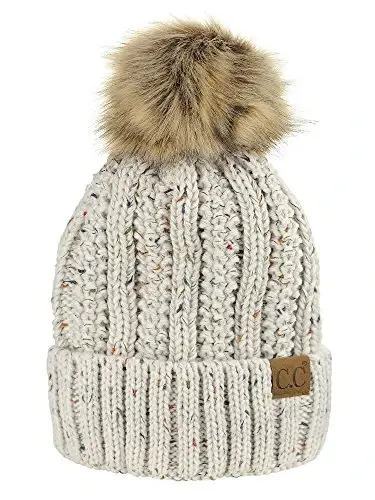 C.C Thick Cable Knit Faux Fuzzy Fur Pom Fleece Lined Skull Cap Cuff Beanie - C.C