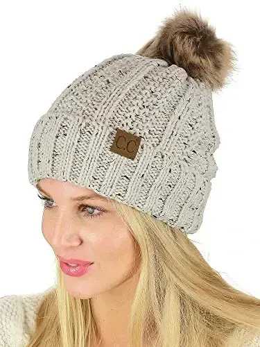 C.C Thick Cable Knit Faux Fuzzy Fur Pom Fleece Lined Skull Cap Cuff Beanie - 2