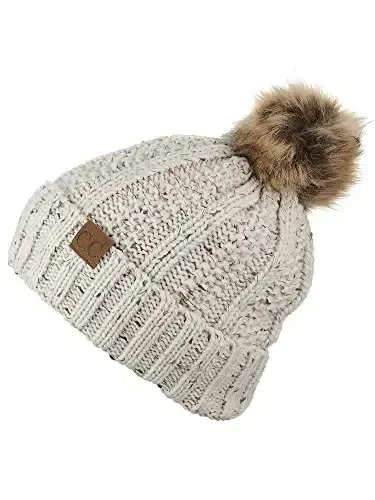 C.C Thick Cable Knit Faux Fuzzy Fur Pom Fleece Lined Skull Cap Cuff Beanie - 4