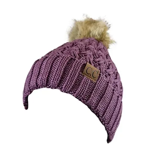 C.C Thick Cable Knit Faux Fuzzy Fur Pom Fleece Lined Skull Cap Cuff Beanie - 2