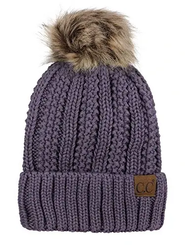 C.C Thick Cable Knit Faux Fuzzy Fur Pom Fleece Lined Skull Cap Cuff Beanie 