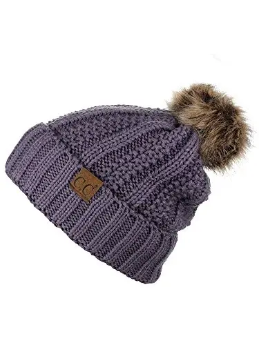 C.C Thick Cable Knit Faux Fuzzy Fur Pom Fleece Lined Skull Cap Cuff Beanie - 2