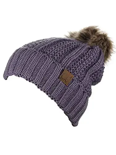 C.C Thick Cable Knit Faux Fuzzy Fur Pom Fleece Lined Skull Cap Cuff Beanie - 3