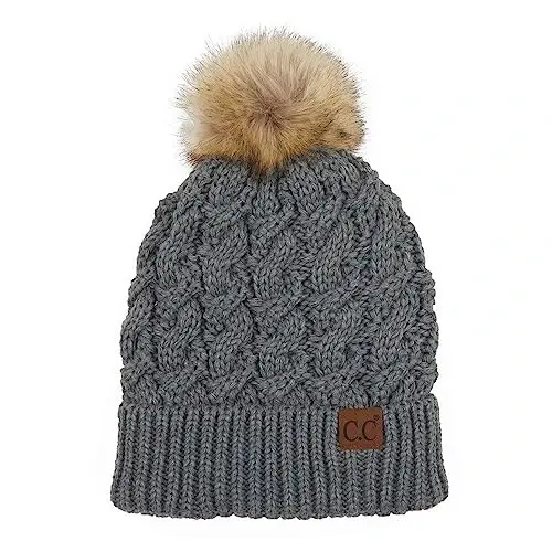 C.C Thick Cable Knit Faux Fuzzy Fur Pom Fleece Lined Skull Cap Cuff Beanie - C.C