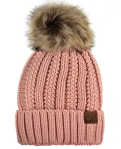 C.C Thick Cable Knit Faux Fuzzy Fur Pom Fleece Lined Skull Cap Cuff Beanie 