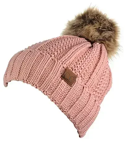 C.C Thick Cable Knit Faux Fuzzy Fur Pom Fleece Lined Skull Cap Cuff Beanie - 3