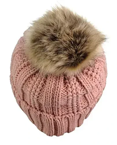 C.C Thick Cable Knit Faux Fuzzy Fur Pom Fleece Lined Skull Cap Cuff Beanie - 4