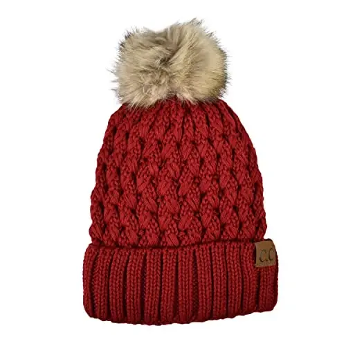 C.C Thick Cable Knit Faux Fuzzy Fur Pom Fleece Lined Skull Cap Cuff Beanie - MODAZONE