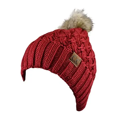 C.C Thick Cable Knit Faux Fuzzy Fur Pom Fleece Lined Skull Cap Cuff Beanie - MODAZONE (1)