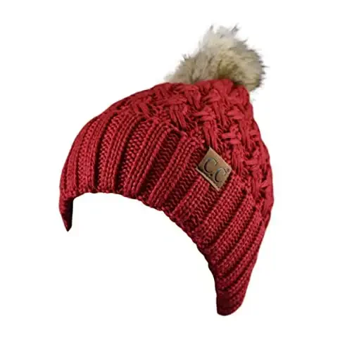 C.C Thick Cable Knit Faux Fuzzy Fur Pom Fleece Lined Skull Cap Cuff Beanie - 2