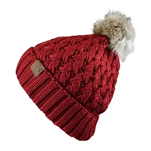 C.C Thick Cable Knit Faux Fuzzy Fur Pom Fleece Lined Skull Cap Cuff Beanie - 3