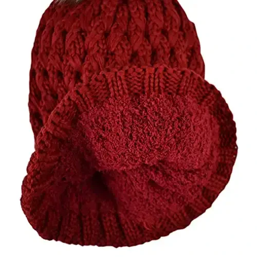 C.C Thick Cable Knit Faux Fuzzy Fur Pom Fleece Lined Skull Cap Cuff Beanie - 4