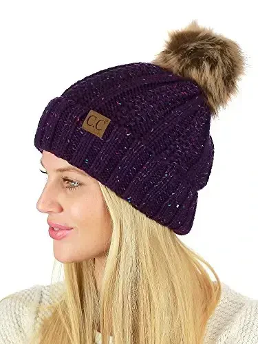 C.C Thick Cable Knit Faux Fuzzy Fur Pom Fleece Lined Skull Cap Cuff Beanie - 2