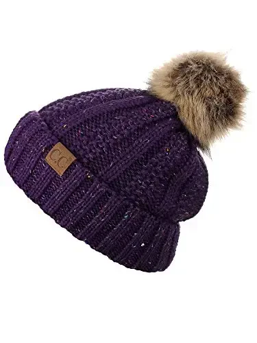 C.C Thick Cable Knit Faux Fuzzy Fur Pom Fleece Lined Skull Cap Cuff Beanie - 4