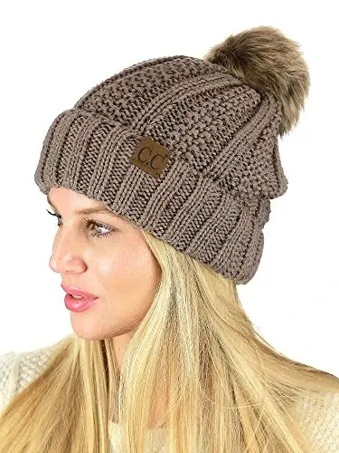 C.C Thick Cable Knit Faux Fuzzy Fur Pom Fleece Lined Skull Cap Cuff Beanie - 2