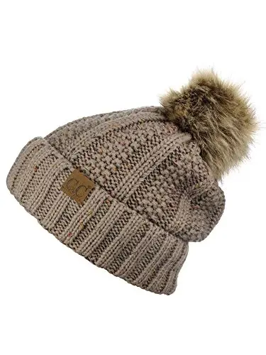 C.C Thick Cable Knit Faux Fuzzy Fur Pom Fleece Lined Skull Cap Cuff Beanie - 3