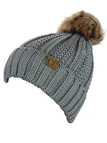 C.C Thick Cable Knit Faux Fuzzy Fur Pom Fleece Lined Skull Cap Cuff Beanie - 3