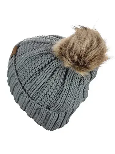 C.C Thick Cable Knit Faux Fuzzy Fur Pom Fleece Lined Skull Cap Cuff Beanie - 4