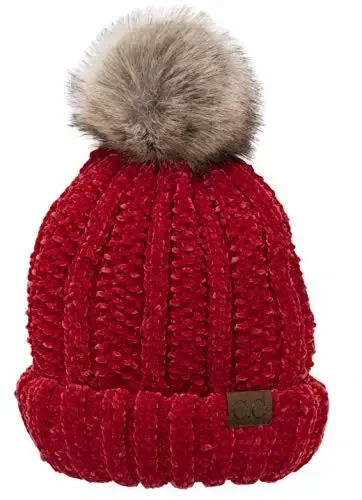 C.C Thick Cable Knit Faux Fuzzy Fur Pom Fleece Lined Skull Cap Cuff Beanie - 1