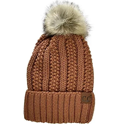 C.C Thick Cable Knit Faux Fuzzy Fur Pom Fleece Lined Skull Cap Cuff Beanie 
