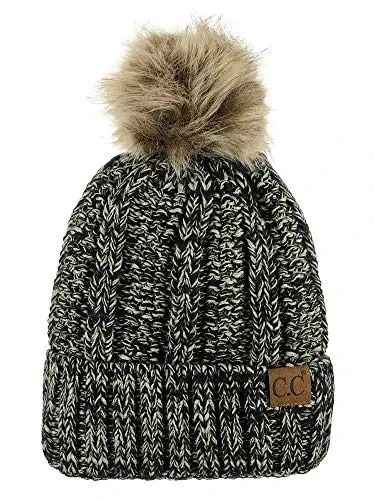 C.C Thick Cable Knit Faux Fuzzy Fur Pom Fleece Lined Skull Cap Cuff Beanie 