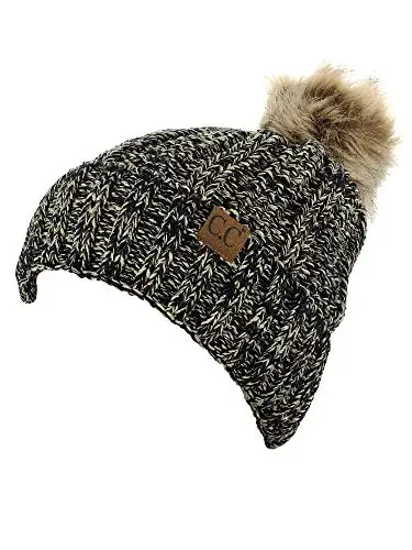 C.C Thick Cable Knit Faux Fuzzy Fur Pom Fleece Lined Skull Cap Cuff Beanie - 2