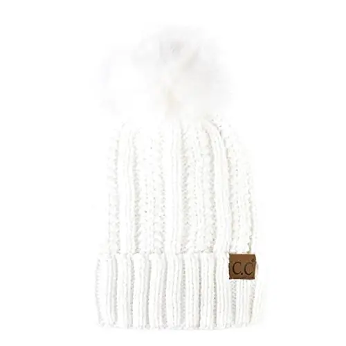 C.C Thick Cable Knit Faux Fuzzy Fur Pom Fleece Lined Skull Cap Cuff Beanie - C.C