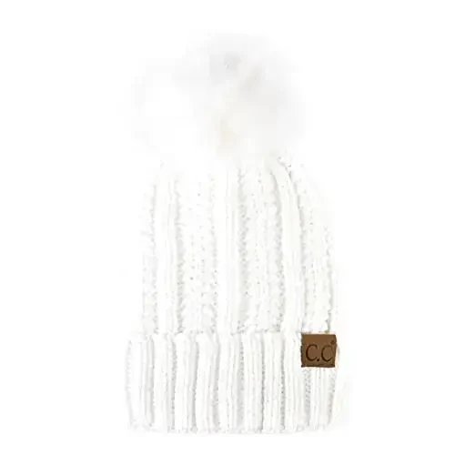 C.C Thick Cable Knit Faux Fuzzy Fur Pom Fleece Lined Skull Cap Cuff Beanie 
