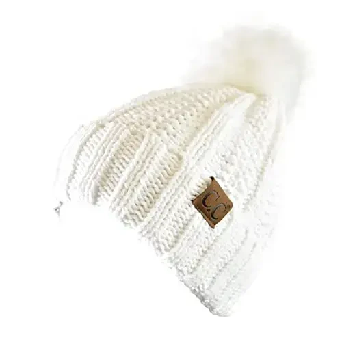 C.C Thick Cable Knit Faux Fuzzy Fur Pom Fleece Lined Skull Cap Cuff Beanie - C.C (1)