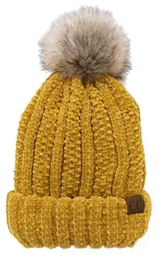 C.C Thick Cable Knit Faux Fuzzy Fur Pom Fleece Lined Skull Cap Cuff Beanie 