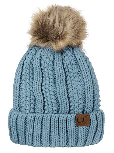 C.C Thick Cable Knit Faux Fuzzy Fur Pom Fleece Lined Skull Cap Cuff Beanie - 1