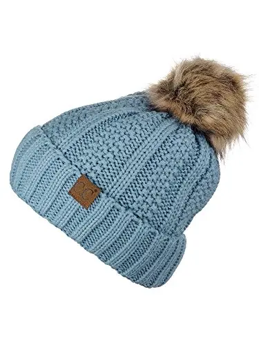 C.C Thick Cable Knit Faux Fuzzy Fur Pom Fleece Lined Skull Cap Cuff Beanie - 2