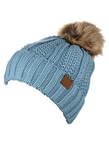 C.C Thick Cable Knit Faux Fuzzy Fur Pom Fleece Lined Skull Cap Cuff Beanie - 3