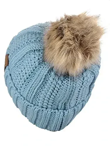 C.C Thick Cable Knit Faux Fuzzy Fur Pom Fleece Lined Skull Cap Cuff Beanie - 4