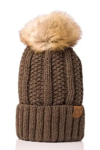 C.C Thick Cable Knit Faux Fuzzy Fur Pom Fleece Lined Skull Cap Cuff Beanie - C.C