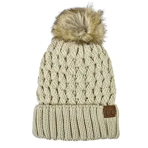 C.C Thick Cable Knit Faux Fuzzy Fur Pom Fleece Lined Skull Cap Cuff Beanie 