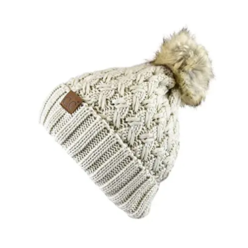 C.C Thick Cable Knit Faux Fuzzy Fur Pom Fleece Lined Skull Cap Cuff Beanie - 3